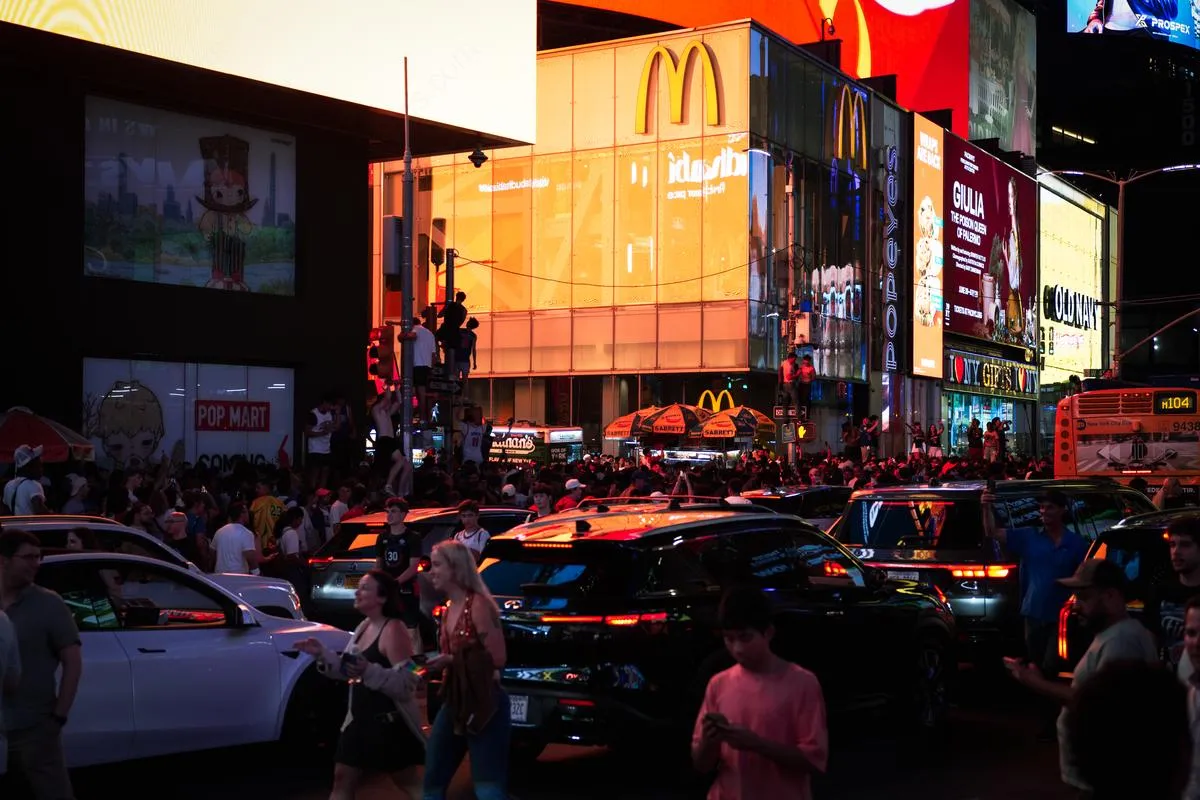 Wide panoramic view of Times Square with McDonald's golden arches, massive crowds, and fans on poles at dusk