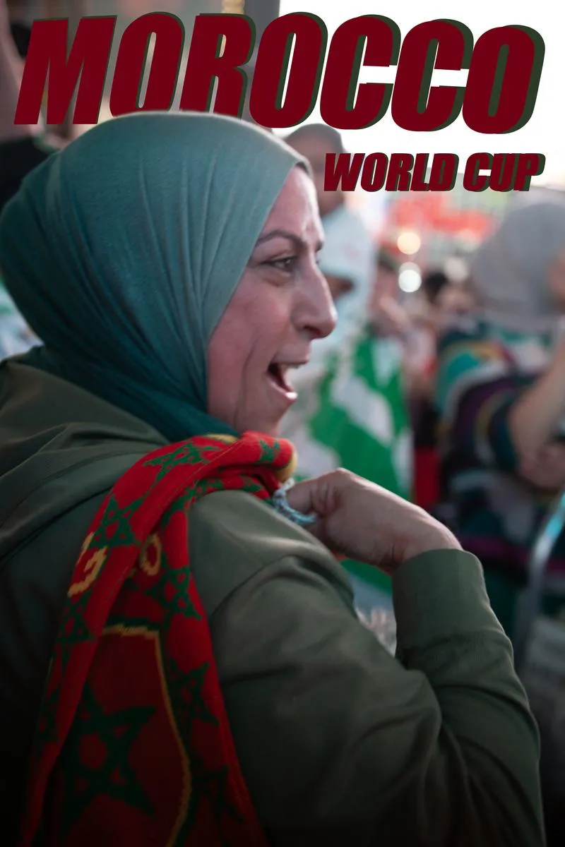 Profile portrait of a woman in teal hijab and olive jacket with red and green Morocco scarf, cheering passionately with Morocco World Cup text overlay